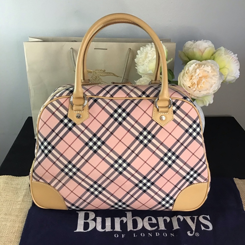 Burberry Pink Plaid Satchel with Tan Leather Trim